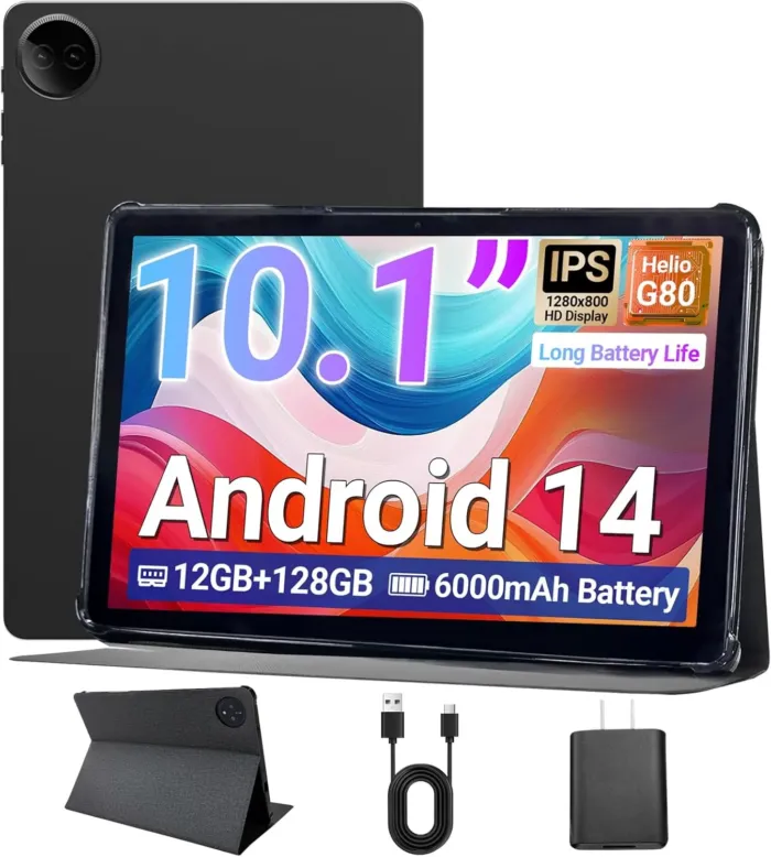2025 Google Tablet 10.1" Android 14, MTK Helio G80 Octa-Core 12GB RAM 128GB, HD IPS Touchscreen, Wi-Fi 6, BT 5.0, 6000mAh Battery, Dual Camera, Stand Case, Widevine L1, Gray - Image 2