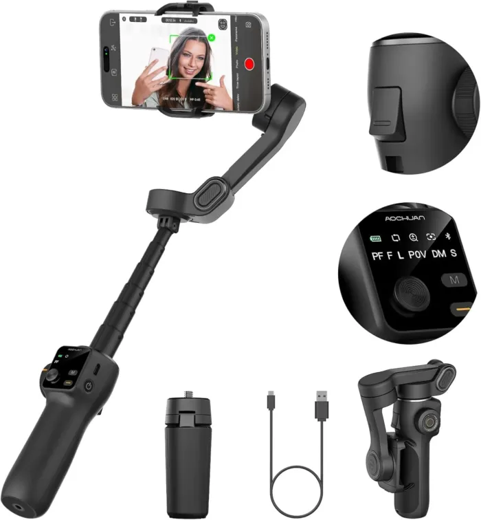 3-axis Gimbal Stabilizer w/Built-in 7.8' Extension Rod, Vlogging Phone Gimbal w/AI Tracking, Portable Smartphone Holder for iPhone w/Full-Screen OLED Display, Trigger Button Smart V8(Black) - Image 2