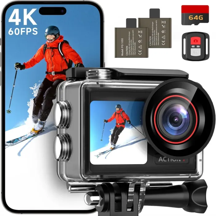 4K60FPS 30MP Action Camera with Front LCD and Touch Rear Screens, Underwater Camera with 64GB Memory Card, 132FT Waterproof Camera, EIS, 5X Zoom, WiFi Remote Control（Black） - Image 2