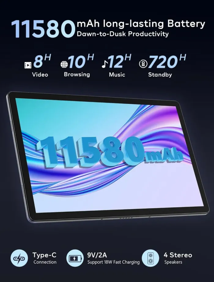 Tablet 2025 Upgraded Android 14, 14" Tablet 36GB+256GB+1TB Expand, 8 Core 2.0GHz, 2K 2240 * 1400 IPS Screen, 11580mAh, 8+13MP Dual Camera, 2.4G+5G WiFi BT5 Android (Silver) - Image 6