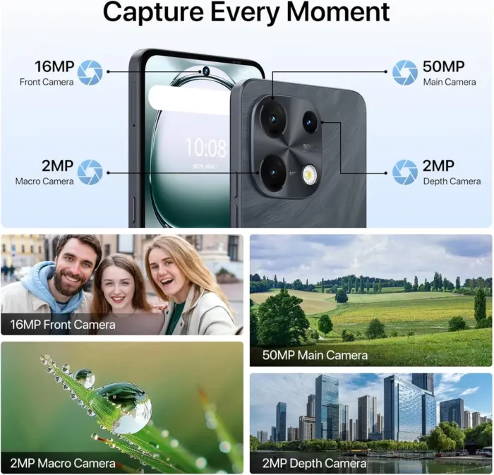 UMIDIGI Note 100 Cell Phone,Android 14 Unlocked Phones,16(8+8) GB+256GB/TF 1TB,6.8''HD+120Hz Display,50MP Camera,5000mAh+20W Fast Charging,4G Dual SIM Android Phone,AI Face/Fingerprint Unlock,NFC,GPS - Image 7