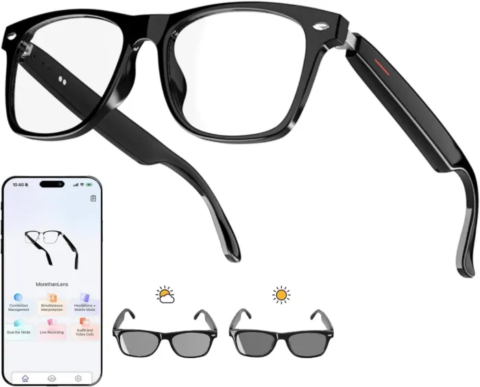 AI Translator Smart Glasses for Men Women, Bluetooth Audio Glasses with Photochromic Transition Lenses, Voice Assistant, Open Ear Lighweight Eyeware, Black - Image 2
