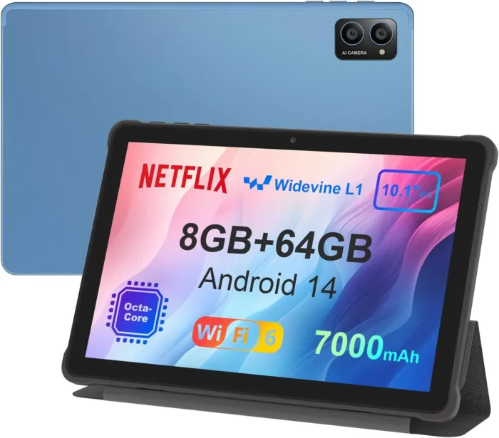 AWOW 10 inch Android 14 Tablet: 2025 8-Core CPU 8GB RAM 64GB ROM 1TB Expandable Widevine L1 Android Tablet 7000mAh Battery OTG IPS Face Recognition, Metal Body + Stand Case - Image 2