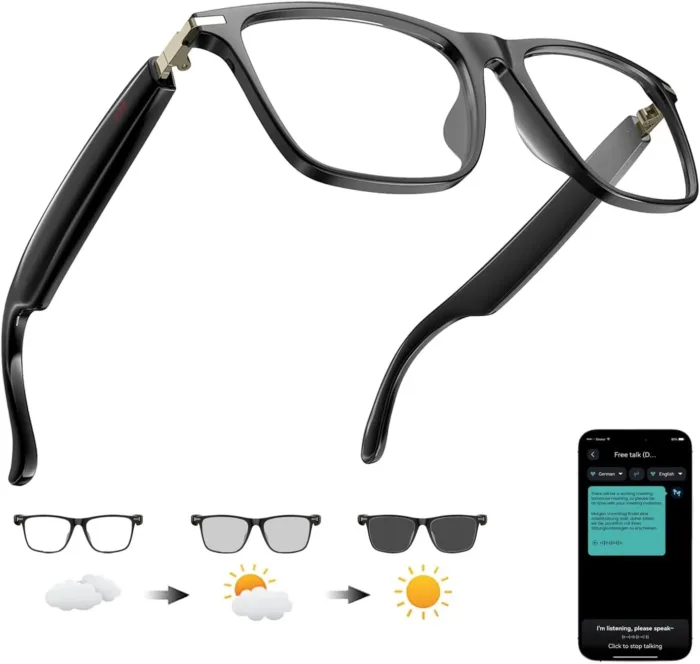 Ai Translation Smart Glasses Bluetooth For Men Women with 140 Language Real-Time Translation immediately Color-change lens Clear headphone with Speaker sunglasses,Travel Meeting Trade Business