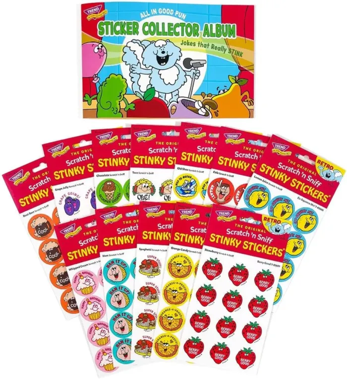 All in Good Pun Retro Scratch 'n Sniff Stinky Stickers and Album Combo Pack by TREND - 12 Sticker Packs, 1980s Authentic Designs! - Image 2