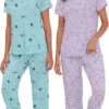 American Trends 2 Pack Cotton Pajamas for Women Set Two Piece Short Sleeve Sleepwear Tops with Capri Pants Summer Pj Set