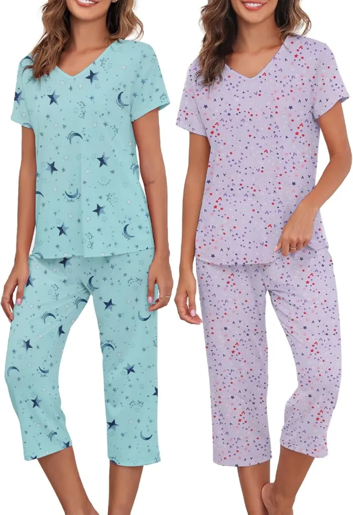 American Trends 2 Pack Cotton Pajamas for Women Set Two Piece Short Sleeve Sleepwear Tops with Capri Pants Summer Pj Set