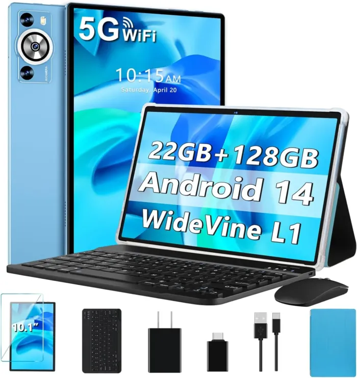 Android 14 Tablet 10.1 Inch 8000mAh Battery Tablets with 22GB RAM 128GB ROM 1TB Expand, Octa-Core HD Touchscreen Tablet with Keyboard, Mouse, Support Widevine L1, Split-Screen - Blue - Image 2