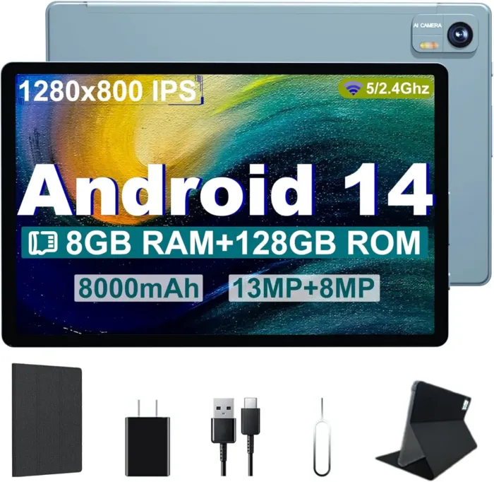 Android 14 Tablet, 10.1 Inch Android Tablet PC, 8GB RAM 128GB ROM 1TB Expand, 8000mAh Battery, Octa-Core 10.1 Inch with 13MP+8MP Camera/Bluetooth/GPS/WiFi/HD Display (Light Blue) - Image 2