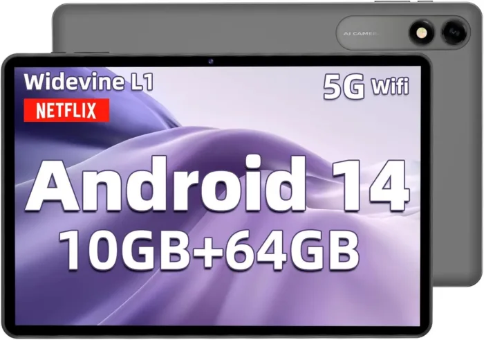 Android 14 Tablet 10.1 Inch, Octa-core, 10GB RAM 64GB ROM, 1TB Expansion, 800x1280 IPS HD Touchscreen, 6000mAh, 5MP + 8MP Dual Camera, 5G/2.4G WiFi, Bluetooth 5.0, GPS (Gray)