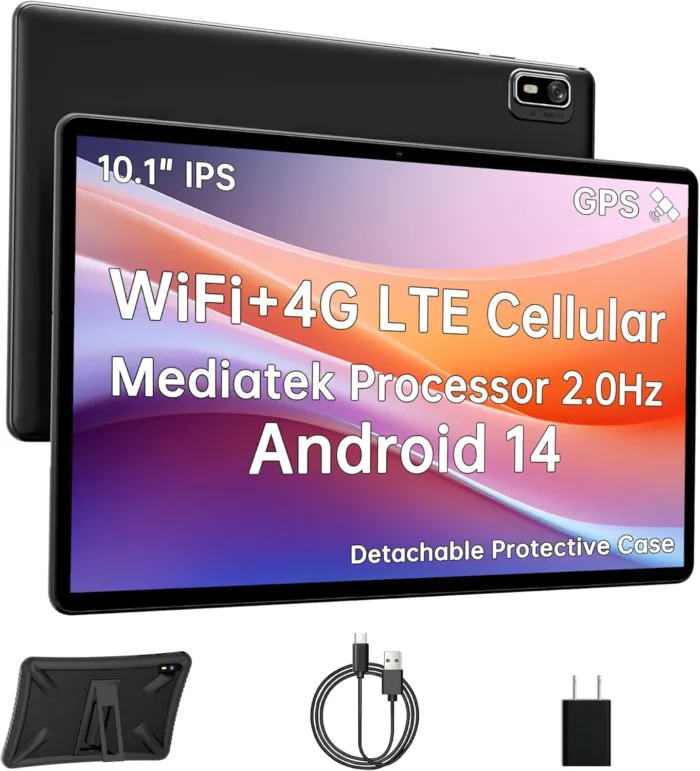 Android 14 Tablet 10.1 Inch,4G SIM Unlocked, Quad-Core CPU 2.0GHz,3GB+32GB, TF Expandable, IPS Display, 5G WiFi, Bluetooth 5.0,5MP+8MP Dual Cameras,5000mAh, GPS, Google Kids Space，Black case - Image 2