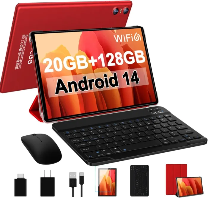 Android 14 Tablet 10.1 inch Tablets,20GB RAM 128GB ROM 1TB Expand,Octa-Core Processor,Dual Camera,WiFi 6,Bluetooth 5.0,6000mAh Long Battery Life with Keyboard/Mouse-Red - Image 2