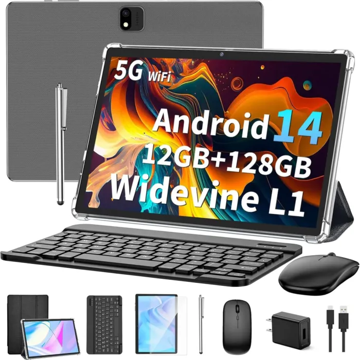 Android 14 Tablet with Keyboard, 12GB RAM (6+6), 128GB Storage, 1TB Expandable, 8000mAh Battery, 10 Inch 2-in-1 Tablets, Includes Case, Mouse & Stylus（Black） - Image 2