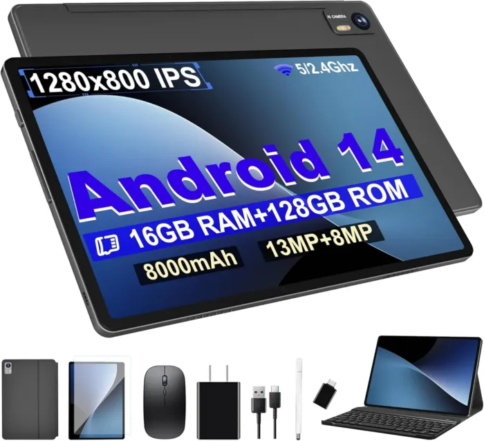Android 14 Tablet with Keyboard，16GB RAM 128GB ROM 1TB Expand, 8000mAh Battery, 10.1 Inch Tablet with 13MP+8MP Camera/Bluetooth/GPS/WiFi/HD Display (Dark Gray) - Image 2
