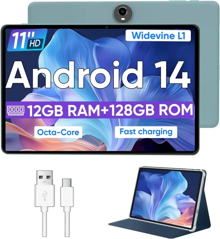 Android 14 Tablet,11 Inch Tablets with Octa Core Processor, 12GB RAM + 128GB ROM 1TB Expand, Widevine L1, 8000mAh Battery, 2.4/5Ghz Dual Band WiFi/GPS/FM Radio,5/8MP Cameras, Case Included - Blue - Image 2