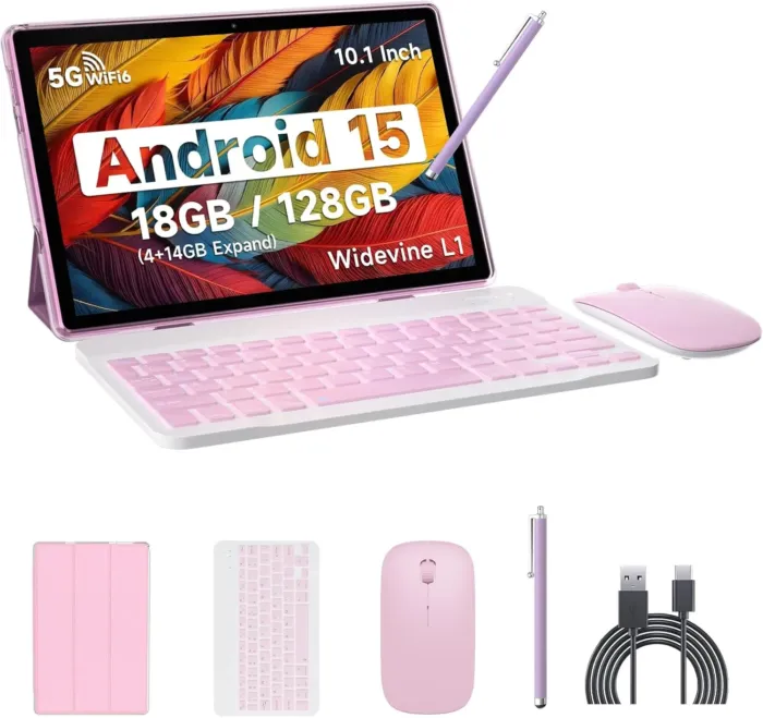 Android 15 Tablet, 10 Inch 18GB RAM+128GB ROM/ 2TB Expandable Tablet PC, Quad-core 2.0GHz Processor, 1280*800 10" HD Touch Screen, 2.4G/5G WiFi 6 BT 5.0, 2 in 1 Tablets with Keyboard Case Mouse Stylus - Image 2