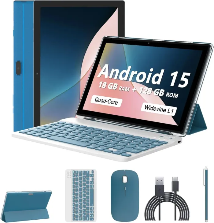 Android 15 Tablet 10 Inch, 18GB RAM+128GB ROM/2TB Expandable Tablet, 2 in 1 Tablets with Keyboard Case Mouse Stylus, 2.0GHz Quad-core CPU, 1280*800 IPS HD Screen, 5G WiFi6 BT 5.0, 8MP Camera Tablet PC - Image 2
