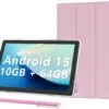 Android 15 Tablet 10 inch Tablets with Case, 10GB RAM + 64GB ROM (Expand to 1TB), Quad Core Processor Tablets, 5G WiFi 6, BT5.0, 1280x800 HD Screen, 6000mAh, Dual Camera, GMS, Widevine L1, Pink