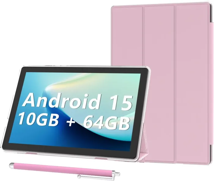 Android 15 Tablet 10 inch Tablets with Case, 10GB RAM + 64GB ROM (Expand to 1TB), Quad Core Processor Tablets, 5G WiFi 6, BT5.0, 1280x800 HD Screen, 6000mAh, Dual Camera, GMS, Widevine L1, Pink - Image 2