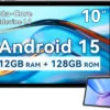 Android Tablet 10 Inch, 2025 Android 15 Tablet for Kids Adults, Octa-Core, 12GB RAM 128GB Storage 1TB Expandable, Dual Cameras 8MP 2MP, Split Screen, 6000mAh GPS Dual Speakers Face Unlock WiFi- Gray