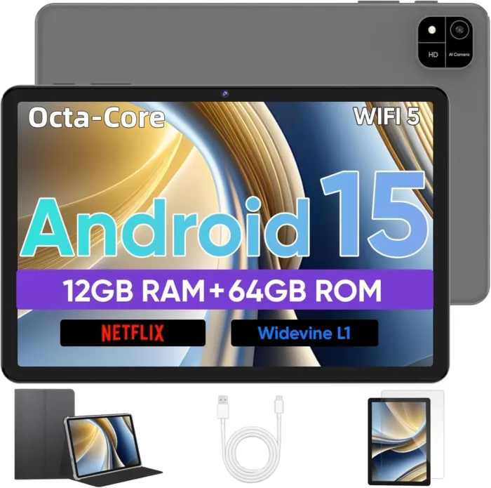 Android Tablet, 10 inch Android 15 Tablet with Octa-Core Processor, 12GB RAM 64GB ROM 2TB Expand, 1280x800 HD Touchscreen, GPS, WiFi 5, Dual Camera, BT5.0, 6000mAh, Widevine L1 (Black) - Image 2