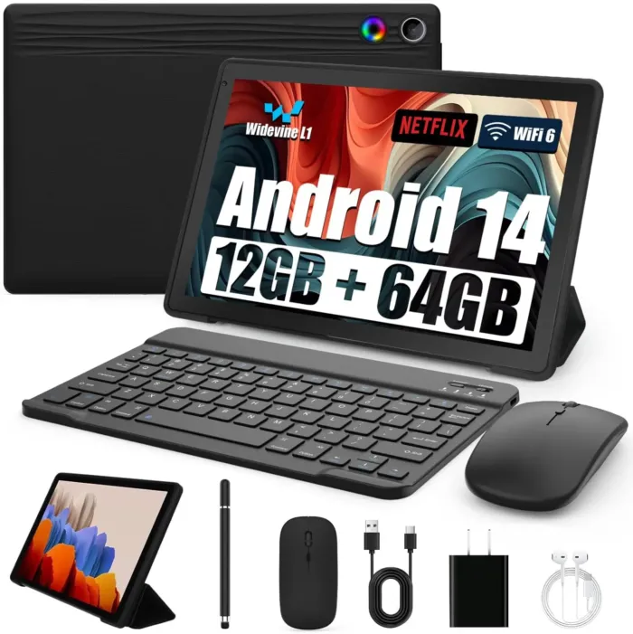 Android Tablet, 10.1 Inch Android 14 Tablet with 1280x800 IPS HD Touch Screen, Dual Camera, 64GB Storage 1TB Expansion, 8 in 1 Tablets Kit with Keyboard, Protective Case, Mouse, Stylus, BT 5.0, WiFi 6 - Image 2
