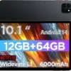 Android Tablet, 10.1 inch Android 14 Tablet, Octa-core CPU, 2 Years Protection, RAM 12GB, ROM 64GB (Up to 2 TB), 800x1280 Resolution, WiFi 6 & Bluetooth 5.4, Dual Speakers, 5MP+8MP, 6000mAh, Black