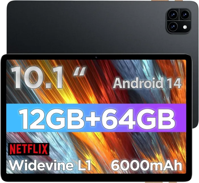 Android Tablet, 10.1 inch Android 14 Tablet, Octa-core CPU, 2 Years Protection, RAM 12GB, ROM 64GB (Up to 2 TB), 800x1280 Resolution, WiFi 6 & Bluetooth 5.4, Dual Speakers, 5MP+8MP, 6000mAh, Black - Image 2
