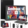 Android Tablet, 14GB RAM+64GB ROM (TF 1TB), 11 inch Android 14 Octa-Core, 6800mAh, Widevine L1, WiFi 6, 8 in 1 Tablet with Keyboard, Mouse, Protective Case, Stylus, Headset, Charger- Black
