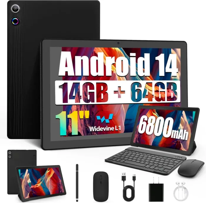 Android Tablet, 14GB RAM+64GB ROM (TF 1TB), 11 inch Android 14 Octa-Core, 6800mAh, Widevine L1, WiFi 6, 8 in 1 Tablet with Keyboard, Mouse, Protective Case, Stylus, Headset, Charger- Black - Image 2