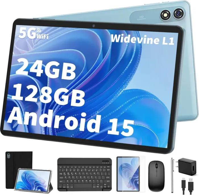 Android Tablet with Keyboard,10 inch Android 15 tablet, 24GB RAM 128GB ROM, 1TB Expand, Octa-Core, Widevine L1, 2.4G/5G WiFi, 8000mAh, Bluetooth, GMS, 2 in 1 Tablet with Case, Mouse, Stylus (Black) - Image 2