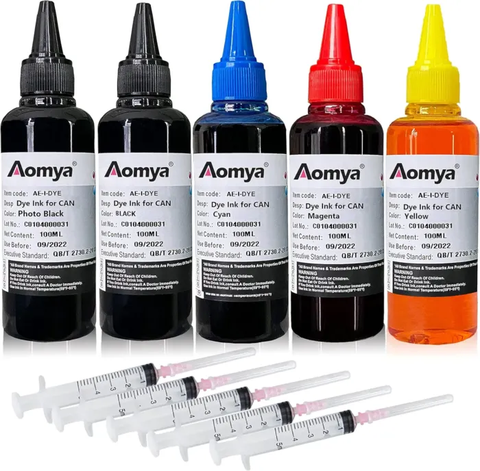 Aomya Ink Refill kit 5x100ml for Canon 250 251 270 271 280 281 1200 2200 PG240 CL241 PG245 CL246 PG210 Refillable Ink Cartridge CIS CISS System with 5 Syringes (PBK, BK, C, M, Y) - Image 2