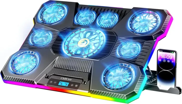 ChillCore Laptop Cooling Pad, RGB Lights Laptop Cooler 9 Fans for 15.6-19.3 Inch Laptops, Gaming Laptop Fan Cooling Pad with 8 Height Stands, 2 USB Ports - A21 Blue - Image 2