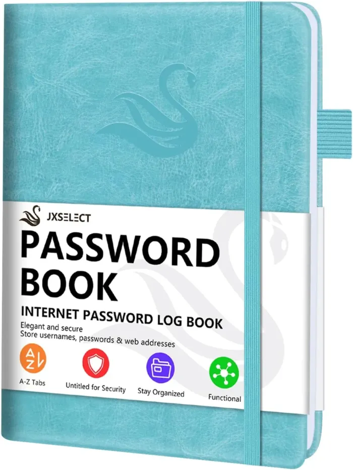 Elegant Password Book with Alphabetical Tabs - Hardcover Password Book for Internet Website Address Login - 5.2" x 7.6" Password Keeper and Organizer w/Notes Section & Back Pocket (Turquoise) - Image 2