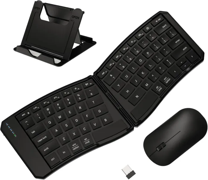 Ergonomic Foldable Keyboard and Mouse Combo, 2.4G+Dual Bluetooth Rechargeable Folding Keyboard Mouse for Travel and Business, Split Design, Portable Size for Laptop iPads Tablet Smartphone - Image 2