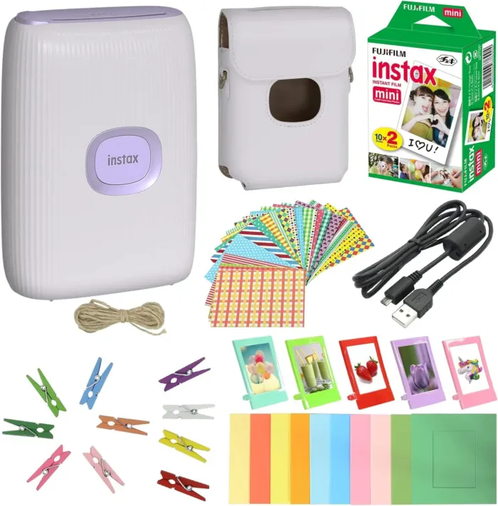 Fujifilm Instax Mini Link 2 Smartphone Printer Clay White + Fuji Instax Film Value Pack 20 Sheets Accessories Bundle with Case + 5 Plastic Desk Frames + 10 Paper Frames Plus 60 Sticker Frames - Image 2