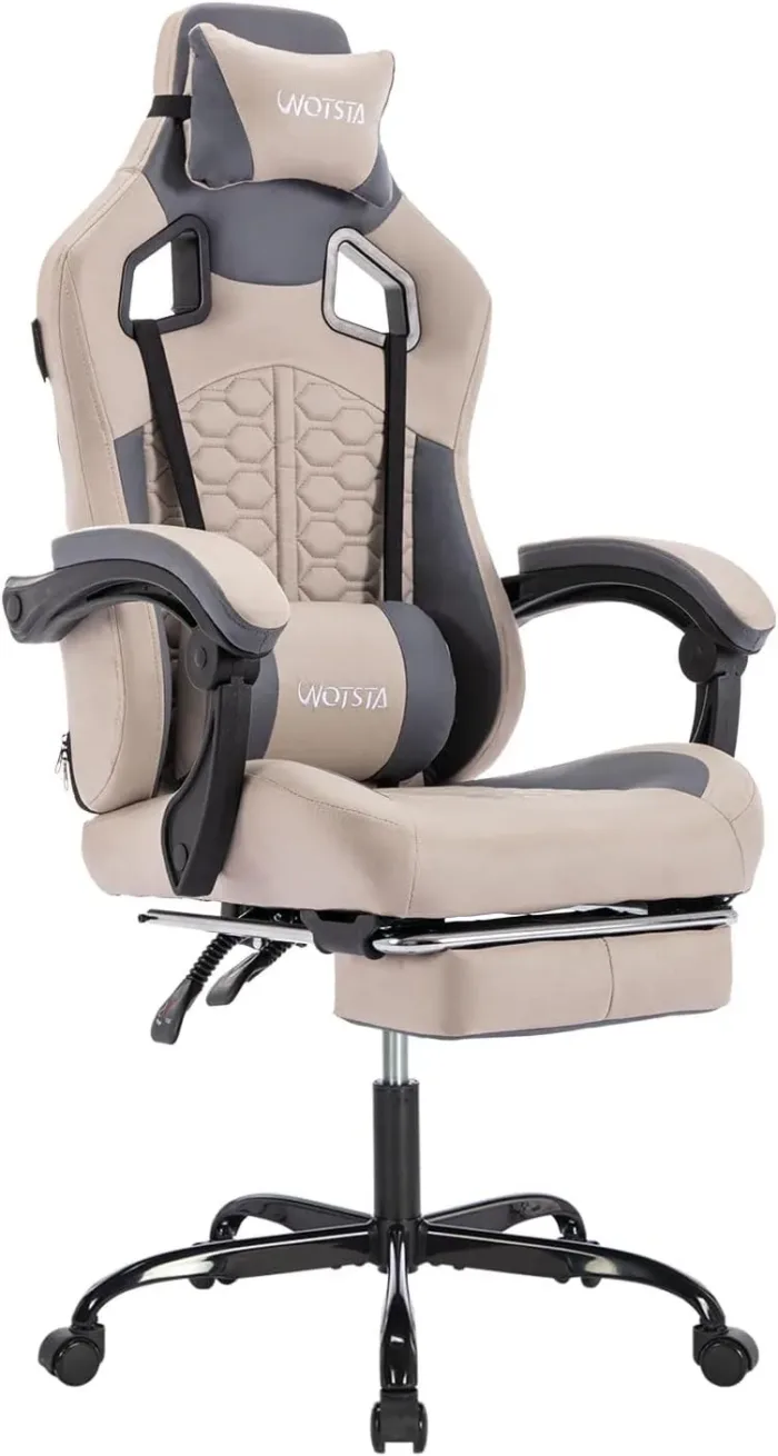 Gaming Chair with Massage,Ergonomic PC Computer Chair with Footrest Comfortable Headrest and Lumbar Support,High Back PVC Leather,300LBS (Grey)