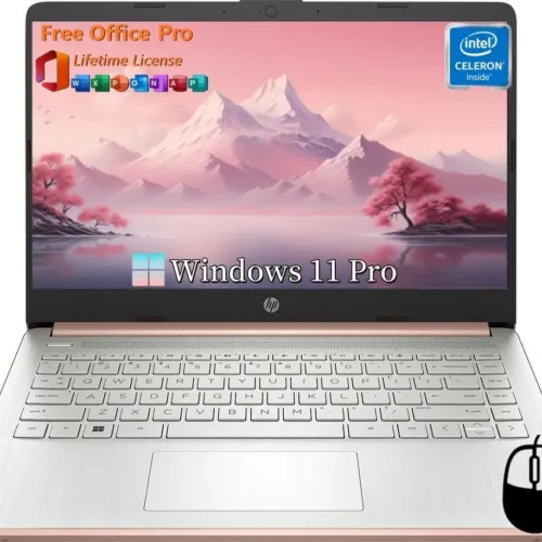 HP 14″ Ultral Light Laptops, Intel Celeron N4120, 16GB RAM, 384GB Storage(128GB eMMC+256GB Micro SD), with Office Lifetime License & Windows 11 Pro, Long Battery Life, Wi-Fi, MicroSD, HDMI, Rose Gold