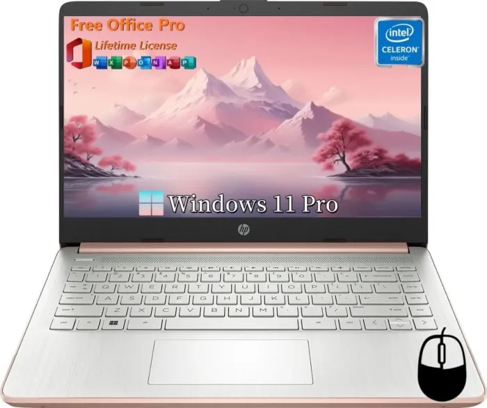 HP 14" Ultral Light Laptops, Intel Celeron N4120, 16GB RAM, 384GB Storage(128GB eMMC+256GB Micro SD), with Office Lifetime License & Windows 11 Pro, Long Battery Life, Wi-Fi, MicroSD, HDMI, Rose Gold - Image 2
