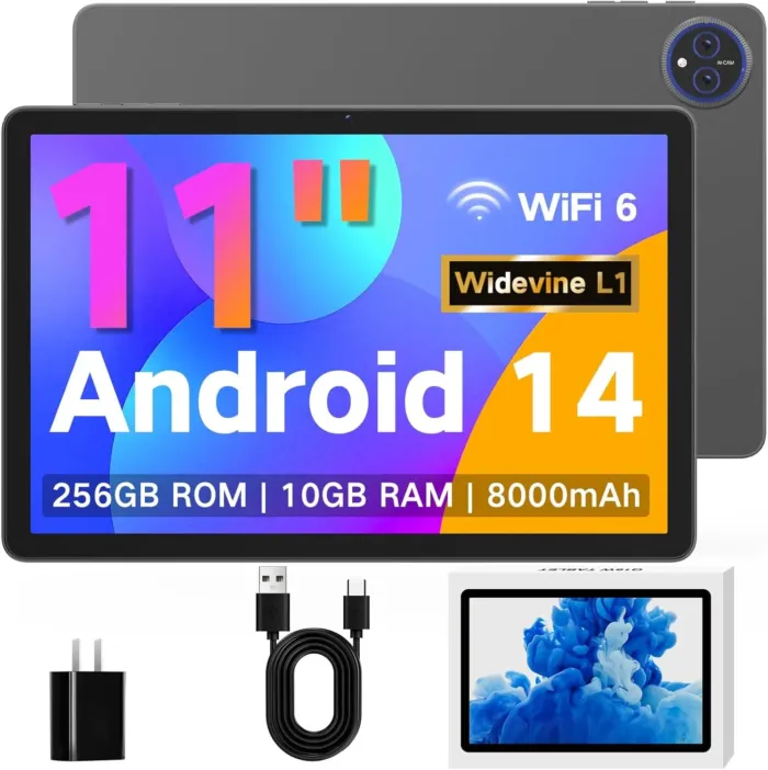 JUNYANG Android 14 Tablet 11 Inch, 256GB ROM+10GB RAM, Octa-Core, WiFi 6, 8000mAh Battery, HD IPS Touchscreen, USB OTG, Dual Camera, Widevine L1, Lightweight Tablet for Entertainment and Work - Image 2