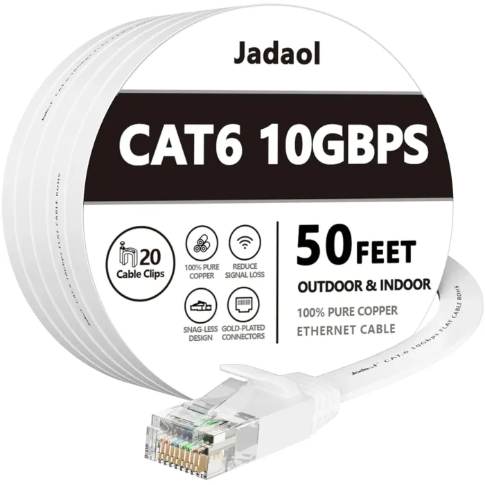 Jadaol Cat 6 Ethernet Cable 50 ft, Outdoor & Indoor 10Gbps Support Cat8 Cat7 Network, Flat RJ45 Internet LAN Computer Patch Cable for Router, Modem, Switch, Gaming Consoles, Streaming Devices, White - Image 2