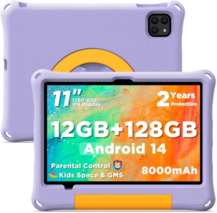 Kids Tablet 11 Inch Android 14, Toddler Tablet 12GB+128GB 2TB Expandable, Octa-Core, 8000mAh, with Drop-Proof Case, Parental Control, WiFi 6, GMS Certified, Bluetooth 5.4, Purple - Image 2
