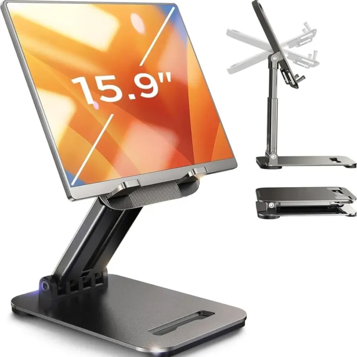 LISEN Tablet Stand for iPad Stand Holder Desk, Foldable Home Office Desk Accessories Travel for iPad Holder Dorm College Essentials Portable Monitor Stand Fits Tabs Kindle iPhone 4-15.9" Black - Image 2