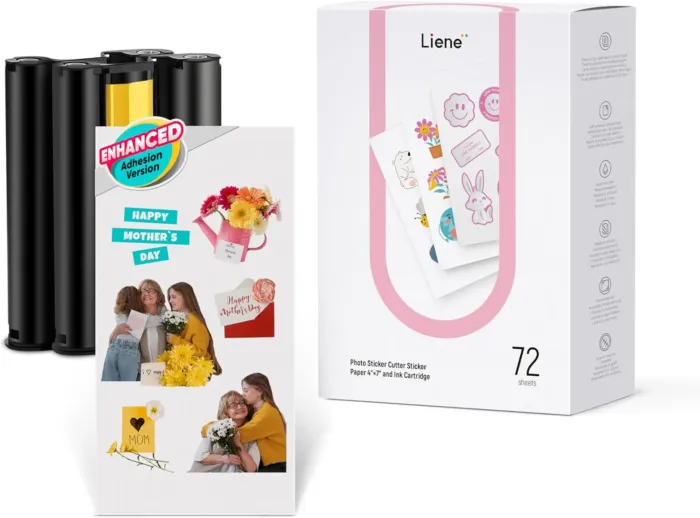 Liene Sticker Paper & Cartridge (Enhanced Adhesion Version) - 2 Ink Cartridge Refills & 72 Sheets 4x7" Photo Paper, Dye Sublimation Waterproof, Compatible with Liene PixCut S1 - Image 2