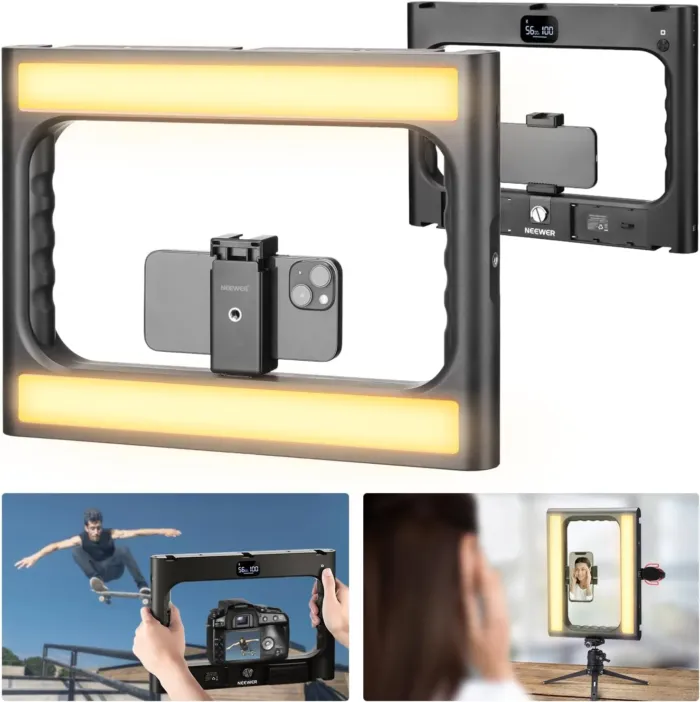 NEEWER A111 II Smartphone Video Rig with Light Kit, Support Vertical Shoot, Handheld Phone Camera Cage Stabilizer with Cold Shoes/Shutter/Battery, Square Ring Light CRI97+ for YouTube TikTok - Image 2