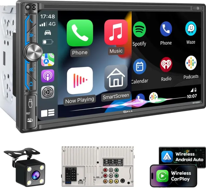 PLZ 7" Wireless Double Din Car Stereo Apple Carplay Radio Screen for Car Audio Receivers, Bluetooth 5.3 Car Play Android Auto Touchscreen, 240W 4.2 CHN 2 Subwoofers Outputs, Backup Camera, SWC, FM/AM - Image 2