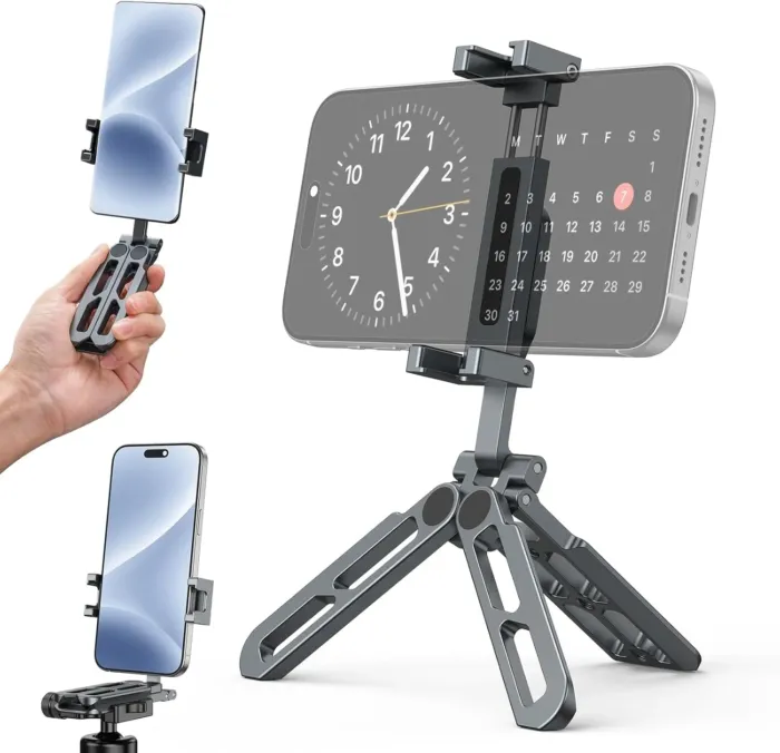 Phone Tripod Stand Foldable, PT-05 Pocket Cell Phone Tripod Mount Handle Smartphone Desk Stand Travel All in One Vlog Video Aluminium 2 Cold Shoe Small Size Lightweight Portable Stick - Image 2