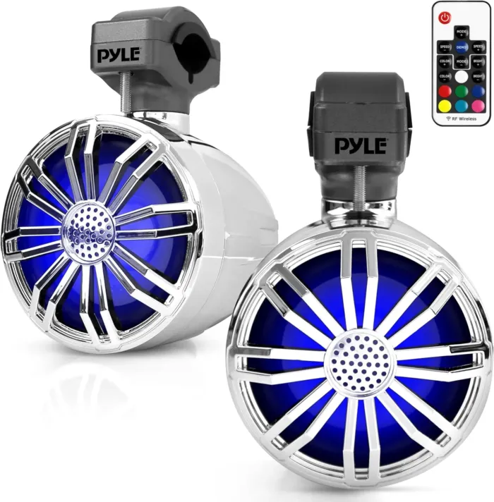 Pyle 3.5’’ Bluetooth Motorcycle Speakers, 2 Pc Waterproof Speaker System with RGB Lights & Remote Control, Bike Bluetooth Speakers for Motorcycle, Car, Boat, ATV, IP-X5 Rated (Chrome) - Image 2