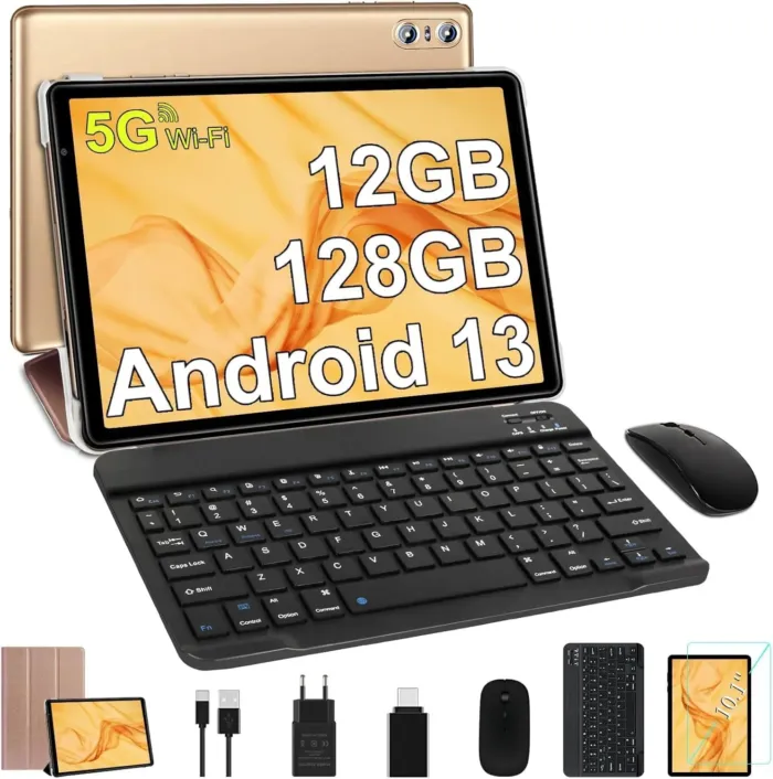SEBBE Tablet 10 Inch, 2025 Android 13, 12GB RAM + 128GB ROM TF 1TB, Octa-Core 2.0 GHz, Bluetooth 5.0 | 5G WiFi | 6000mAh | 1280 * 800 | 5MP+8MP, with Keyboard and Mouse Gold - Image 2