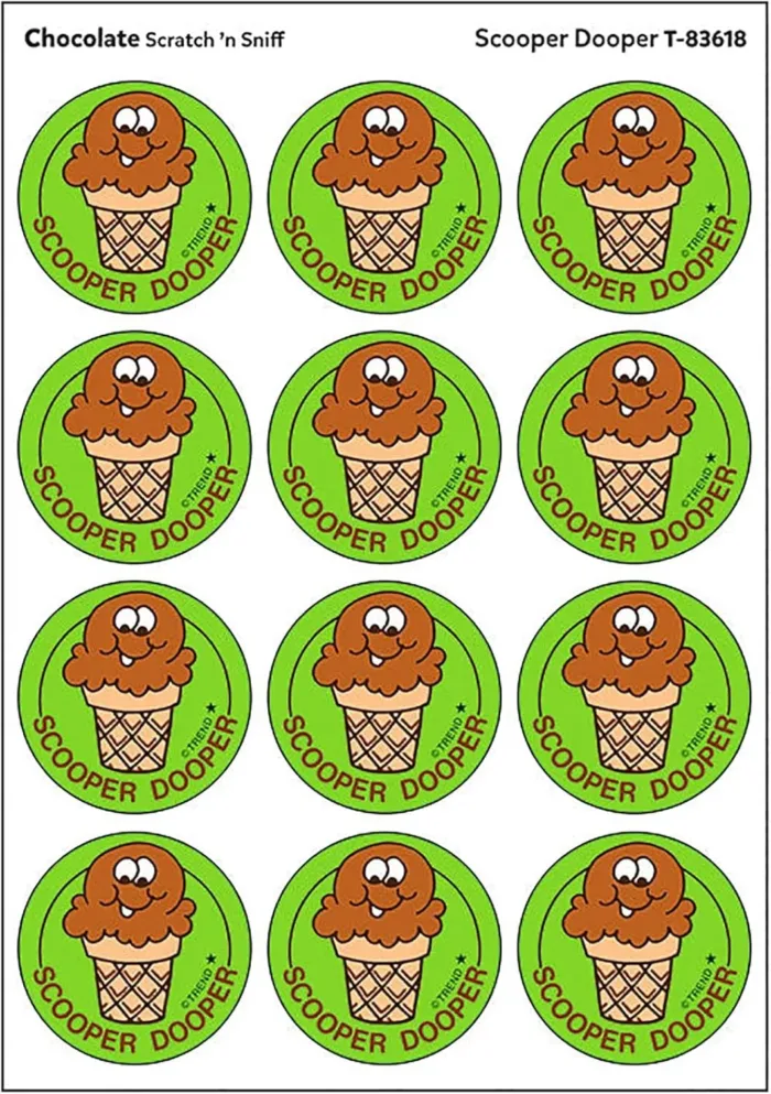 Scooper Dooper/Chocolate Scent Retro Stinky Stickers by TREND; 24/Pack - Authentic 1980s Designs!